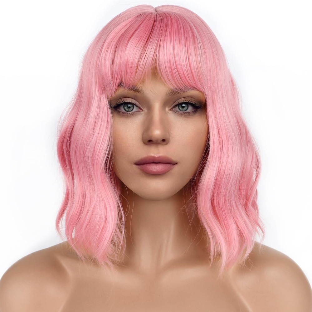 LANCAINI Pastel Pink Bob Wig Bangs Loose Wavy Shoulder Length Synthetic Cosplay
